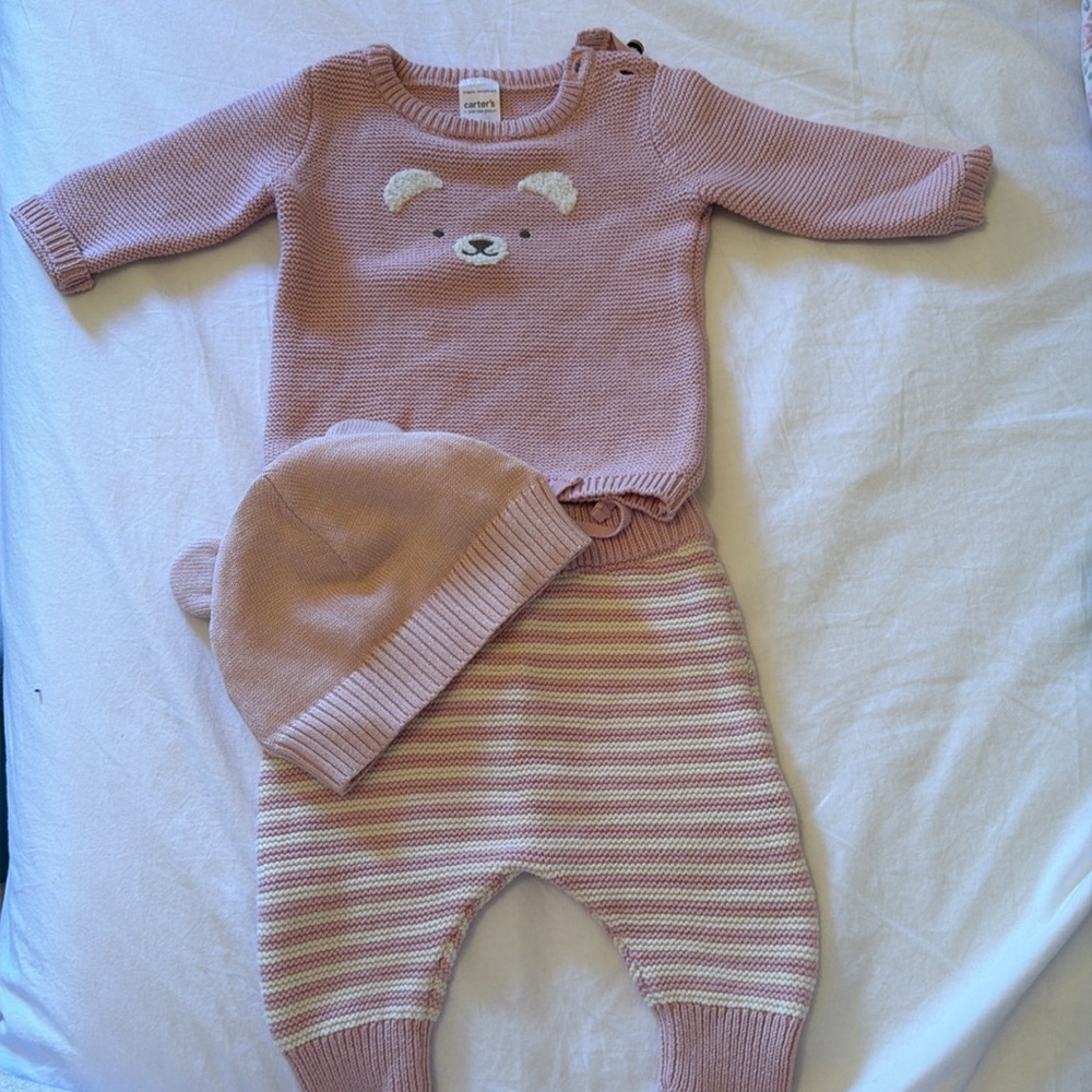 Carter's Pink Knit Bear Sweater & Striped Pants Set